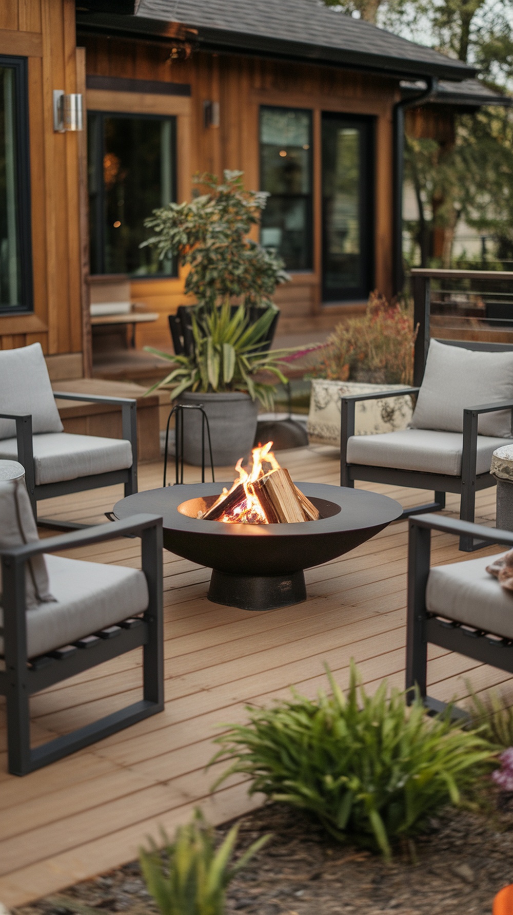 A modern fire pit surrounded by comfortable seating on a Trex deck, with plants and a wooden house in the background.