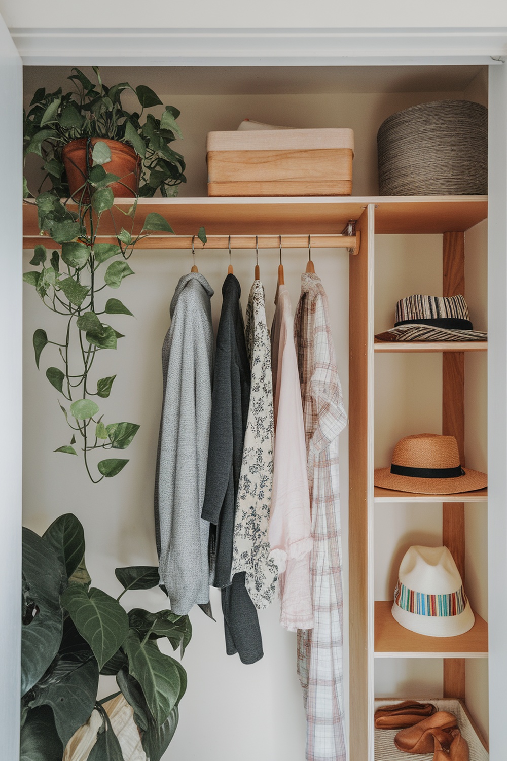 An open closet with hanging clothes and potted plants, showcasing a natural and organized design.