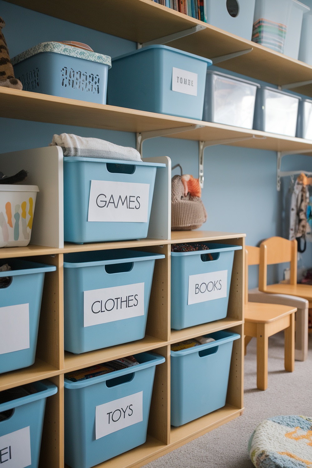 Organized kids' bedroom with labeled storage bins for games, clothes, books, and toys.