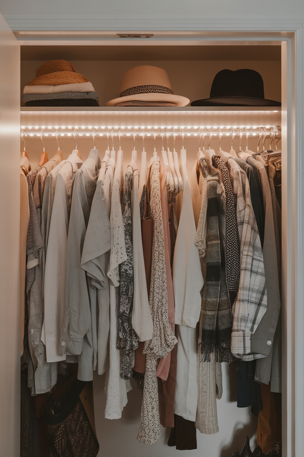 An open closet with clothes hanging and hats on top, illuminated by LED strip lights.