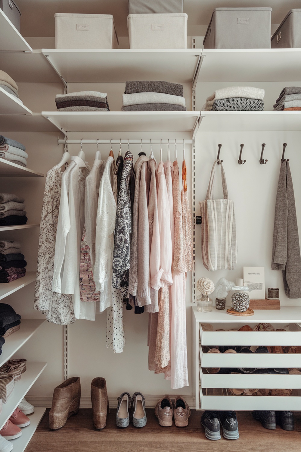 An organized open closet with shelves, hanging clothes, and shoes.