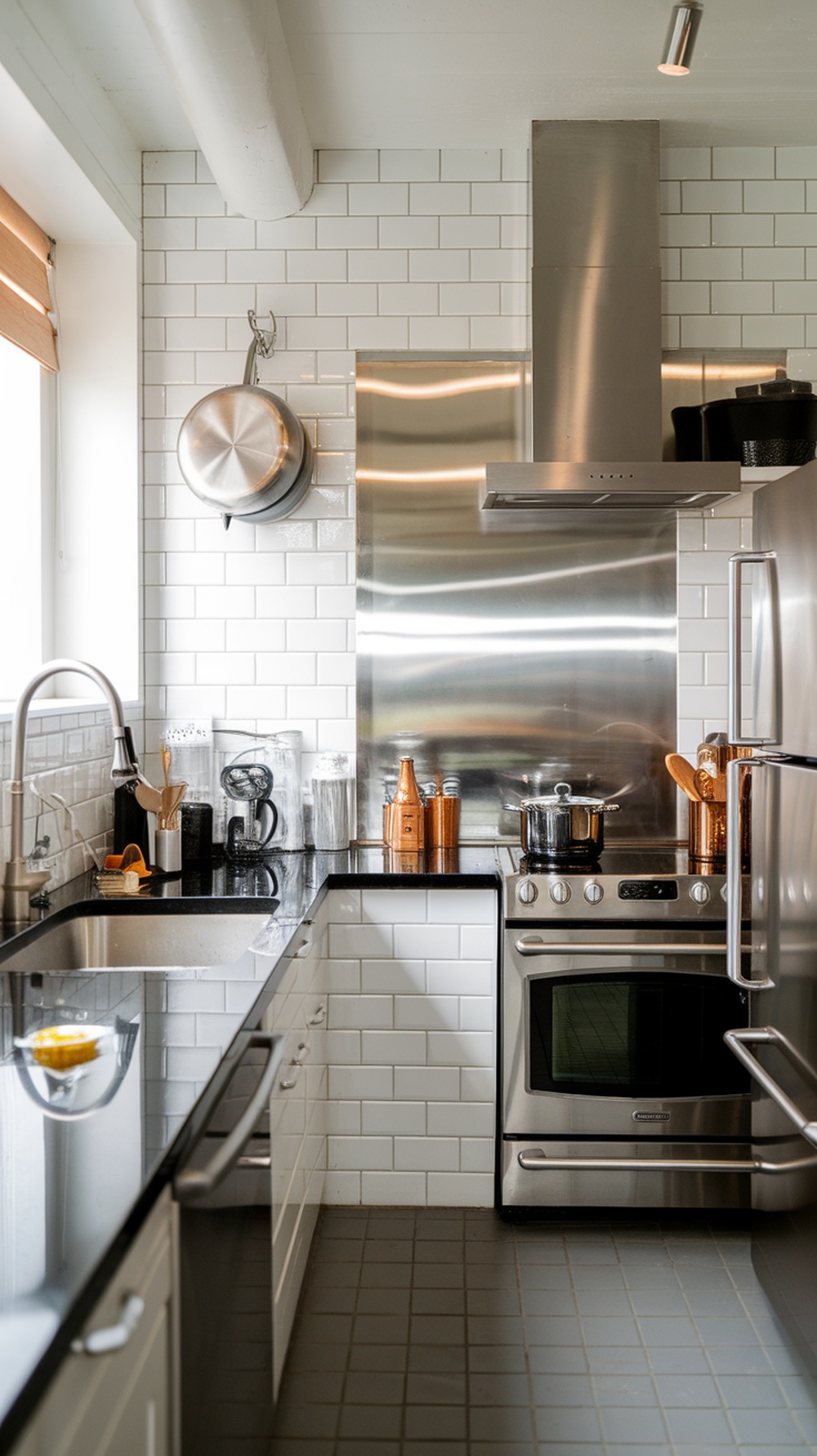 A modern kitchen featuring a stainless steel backsplash, white subway tiles, and copper accents.
