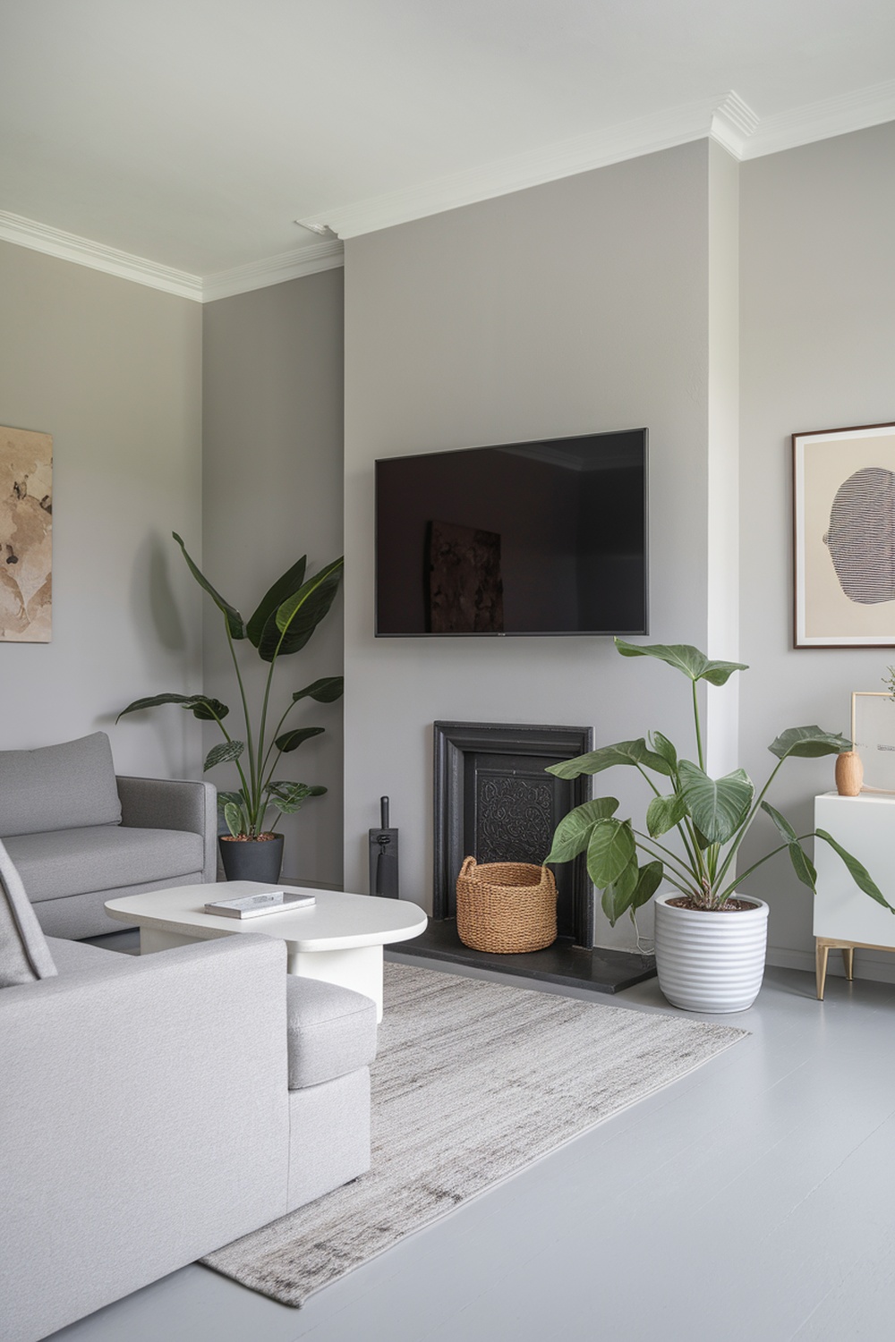 A minimalist living room with a TV mounted above a fireplace, featuring gray walls, a gray couch, and plants.