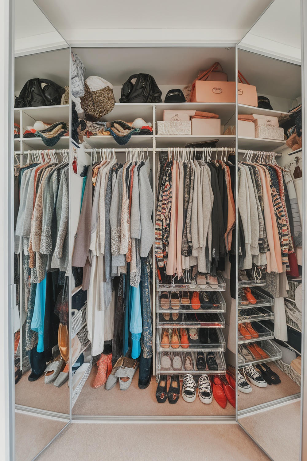 A closet with mirrored doors showcasing organized clothing and shoes.
