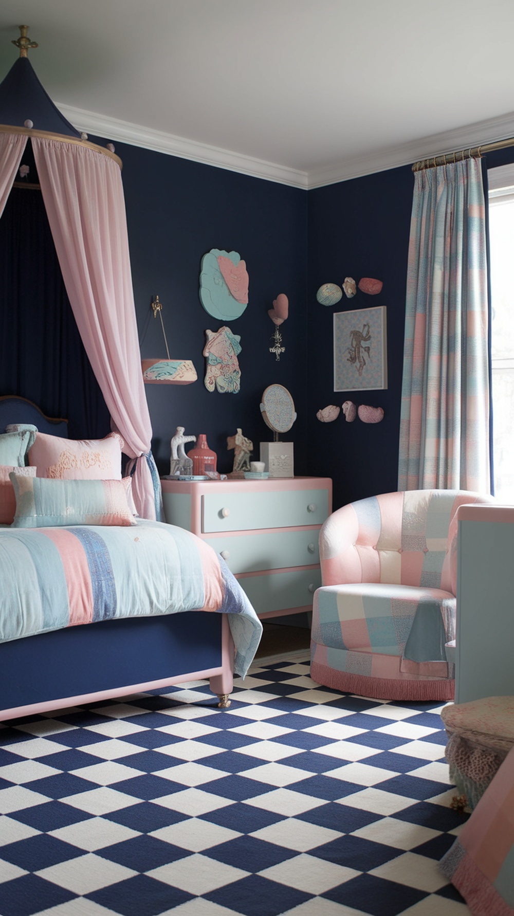 A navy blue bedroom featuring pastel bedding, furniture, and decor.