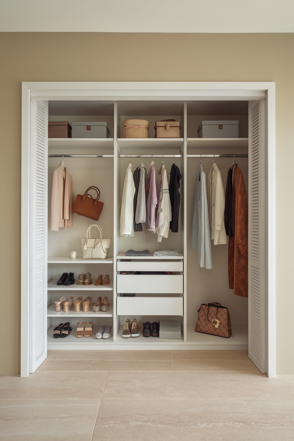 A stylish open closet featuring a mix of hanging rods and open shelves, neatly organized with clothes, shoes, and storage boxes.