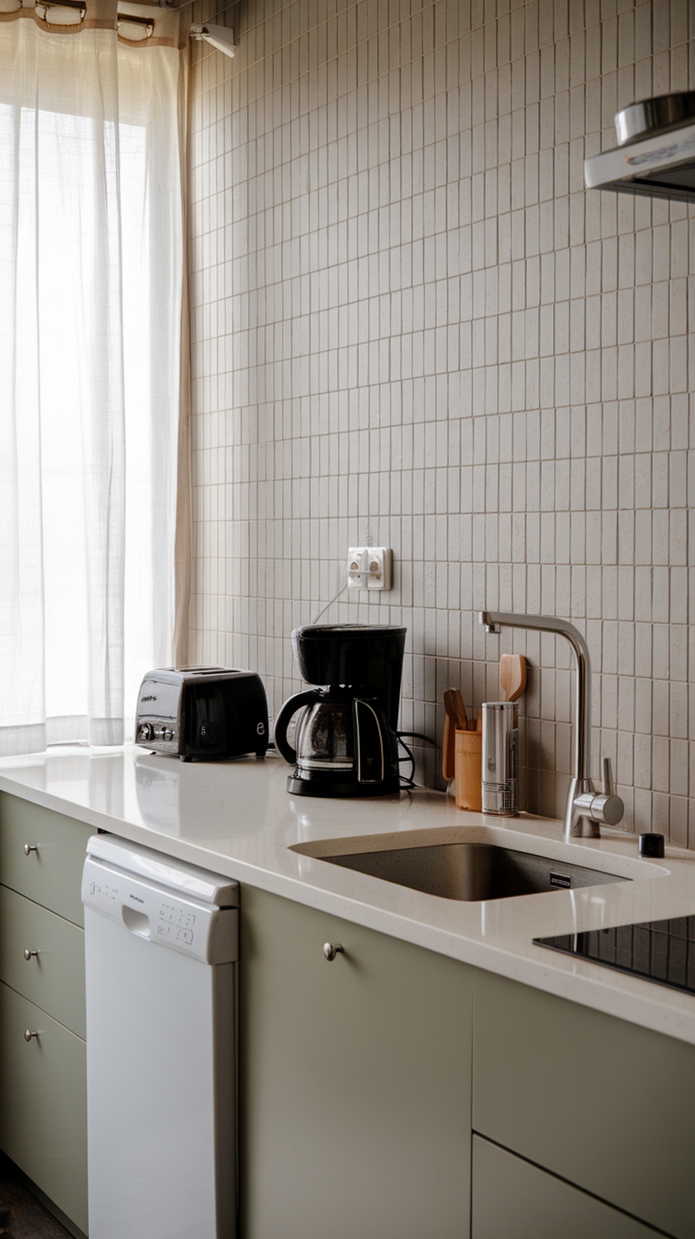 A kitchen with a neutral monochromatic backsplash, featuring a sink, coffee maker, and toaster.