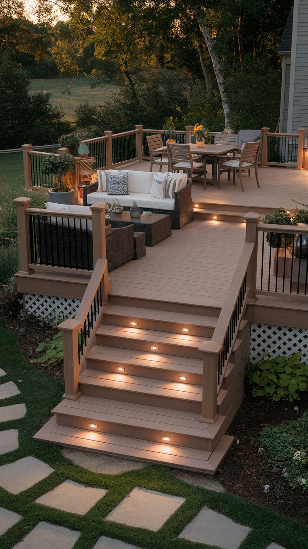 A multi-level deck with seating and dining areas, featuring built-in lighting on the steps.