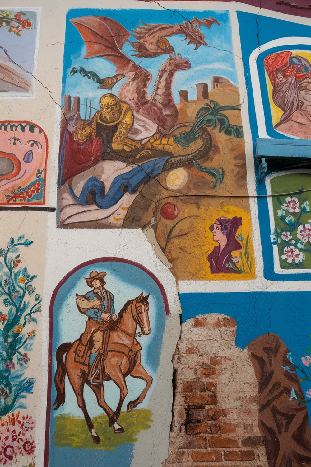 A colorful mural depicting historical scenes in a café setting.