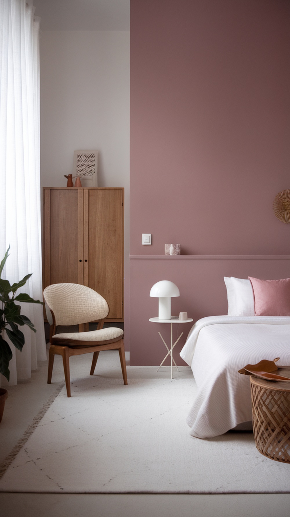 A bedroom featuring a muted pink accent wall, light-colored furniture, and natural light.