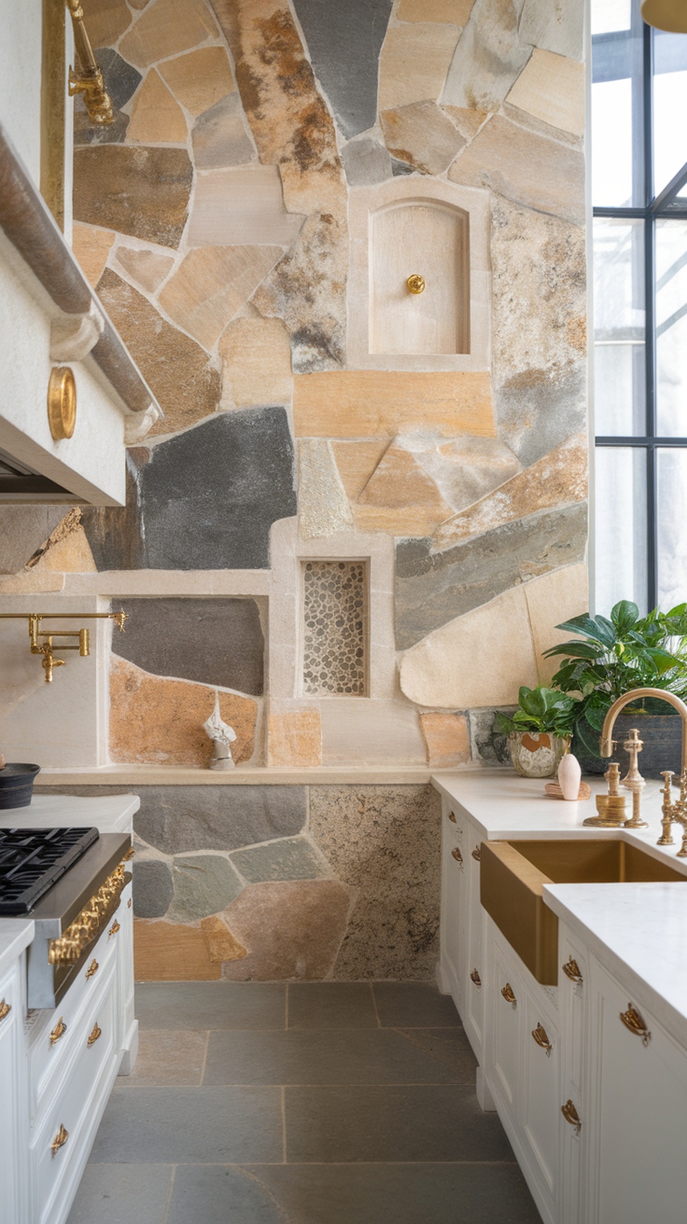 A kitchen featuring a natural stone backsplash with various earthy tones and textures, complemented by modern fixtures and plants.