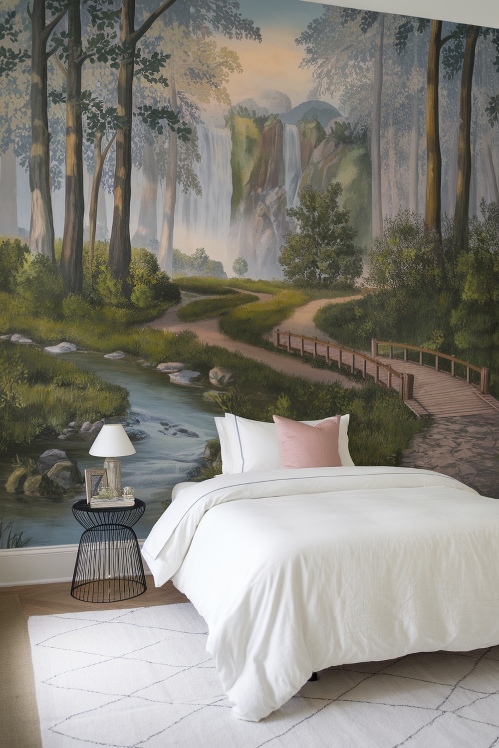 A nature-inspired mural depicting a serene landscape with a waterfall, trees, and a winding path, enhancing the room's decor.