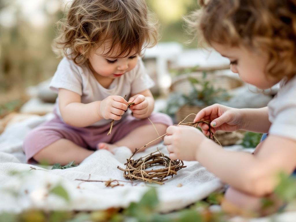 Toddlers creating nature bracelets with twigs and string.