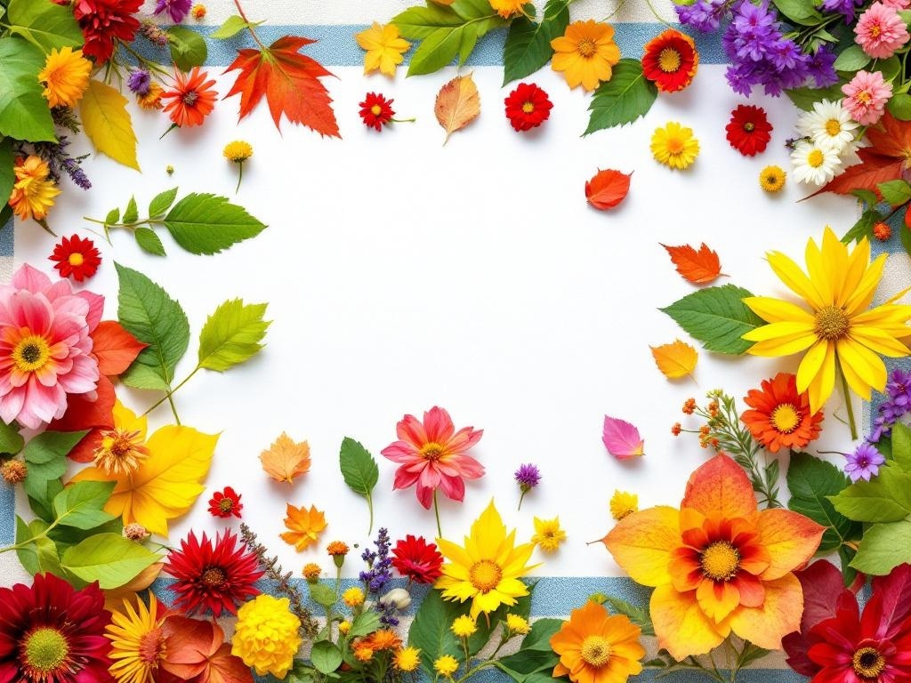 Colorful leaves and flowers arranged around a blank space for a nature collage.
