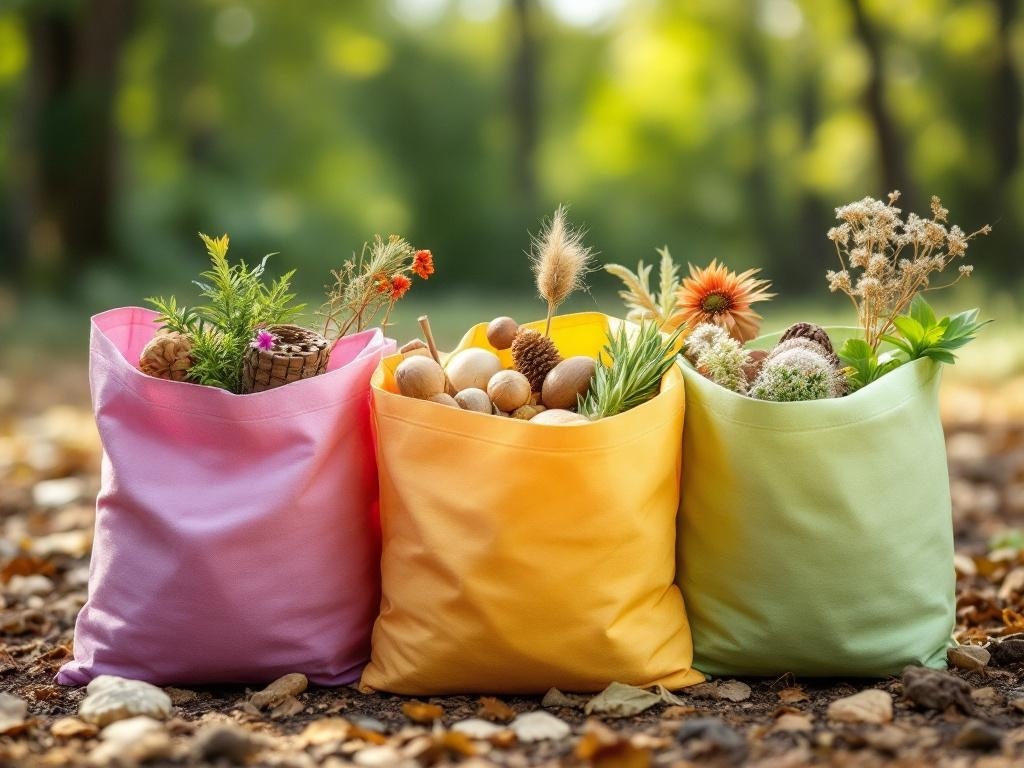 Three colorful bags filled with natural items like flowers, leaves, and pinecones.