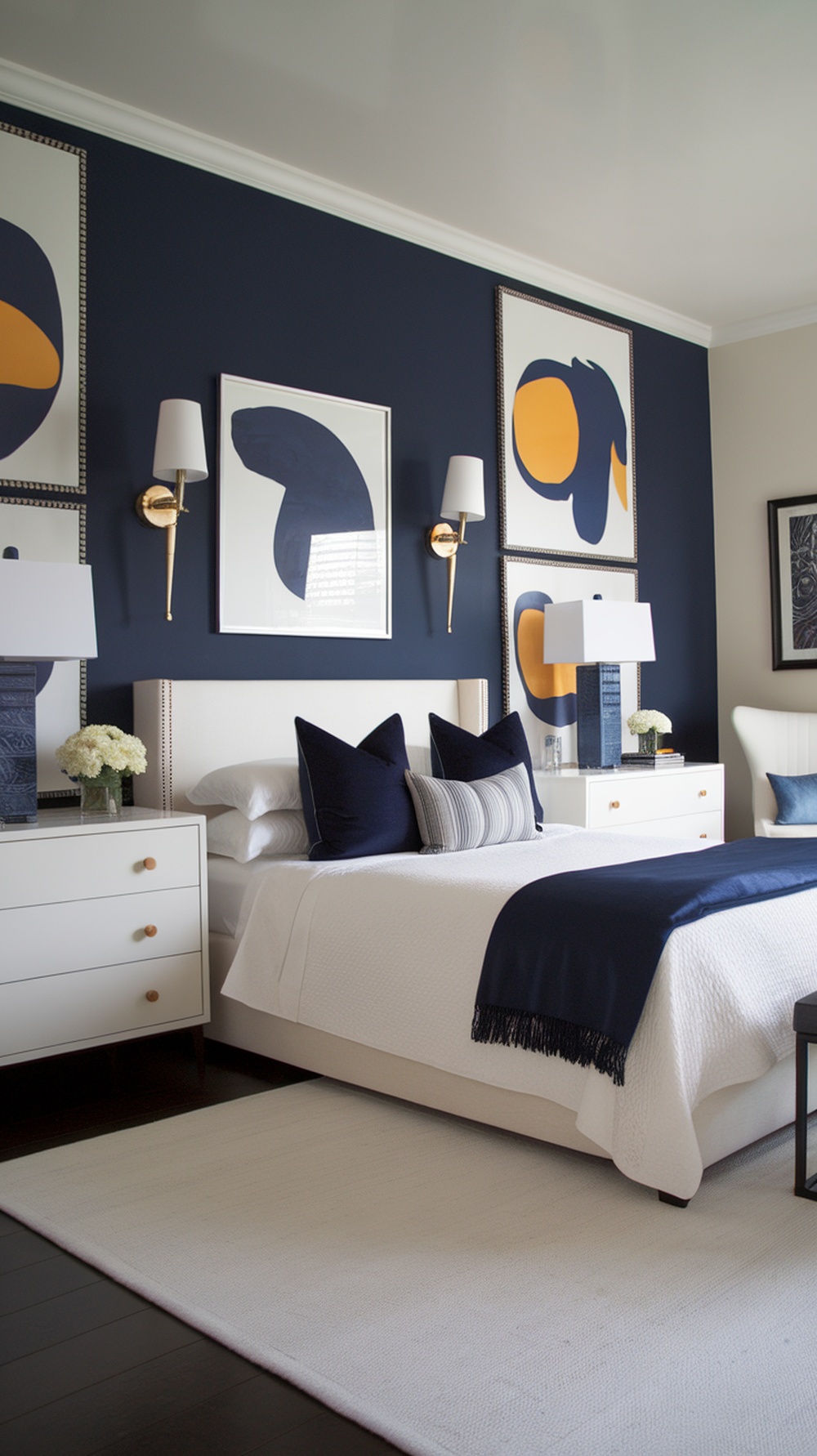 A stylish bedroom featuring a navy blue accent wall with modern artwork, white bedding, and gold accents.