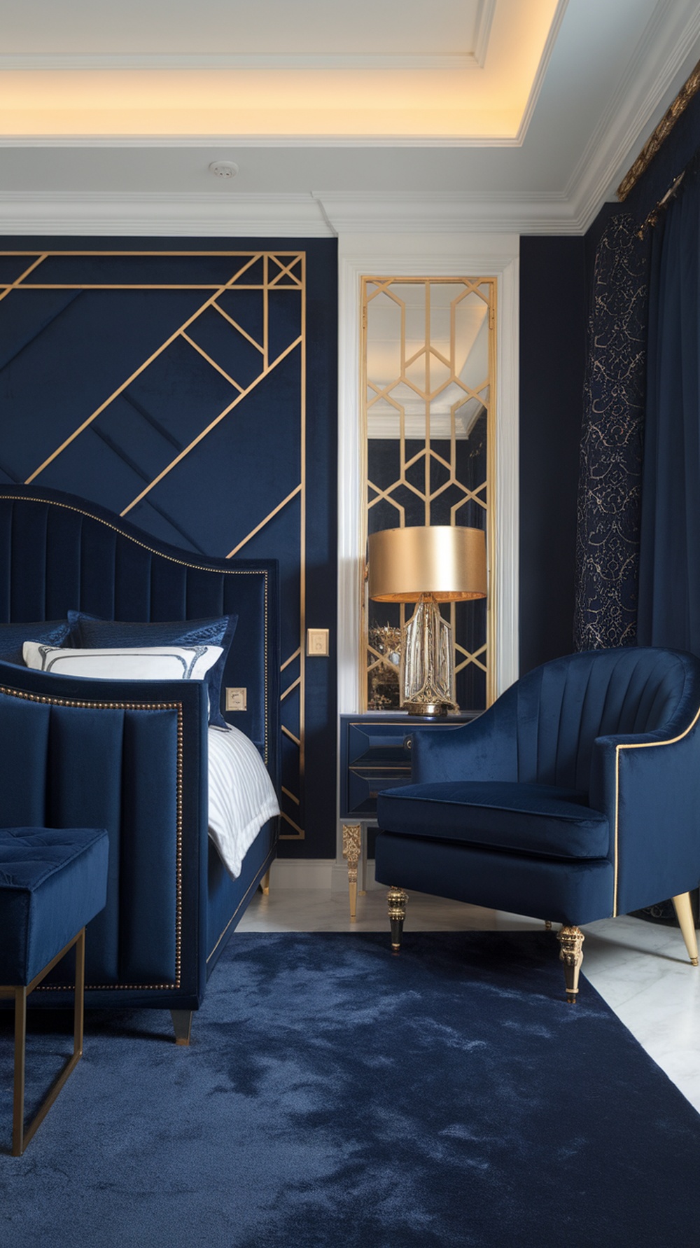 A luxurious navy blue bedroom with gold accents, featuring a geometric wall design, plush furniture, and elegant decor.