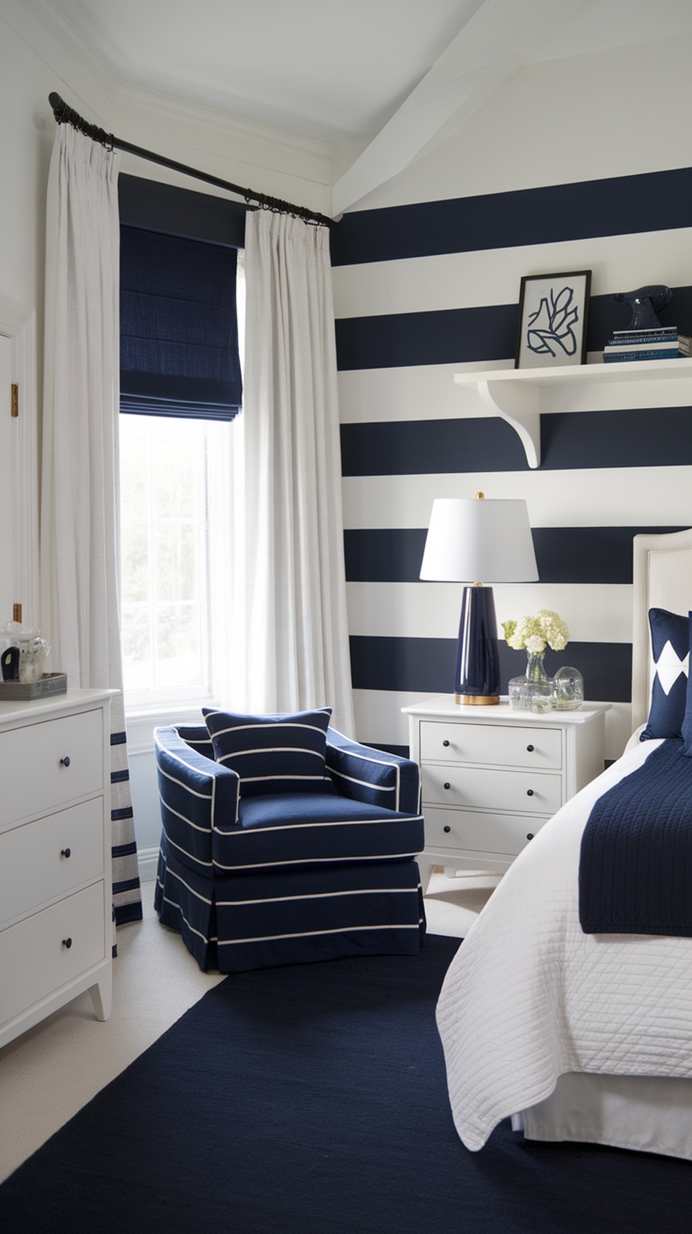 A navy blue and white themed bedroom with striped walls, a navy chair, and white bedding.
