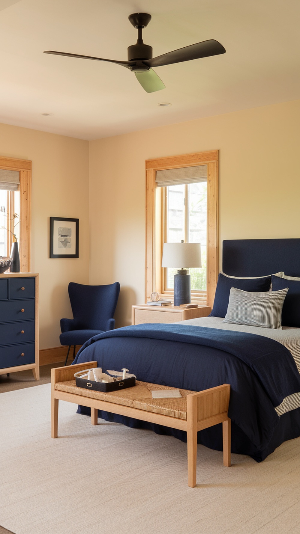 A cozy bedroom featuring navy blue bedding and wood furniture, with natural light streaming through the windows.