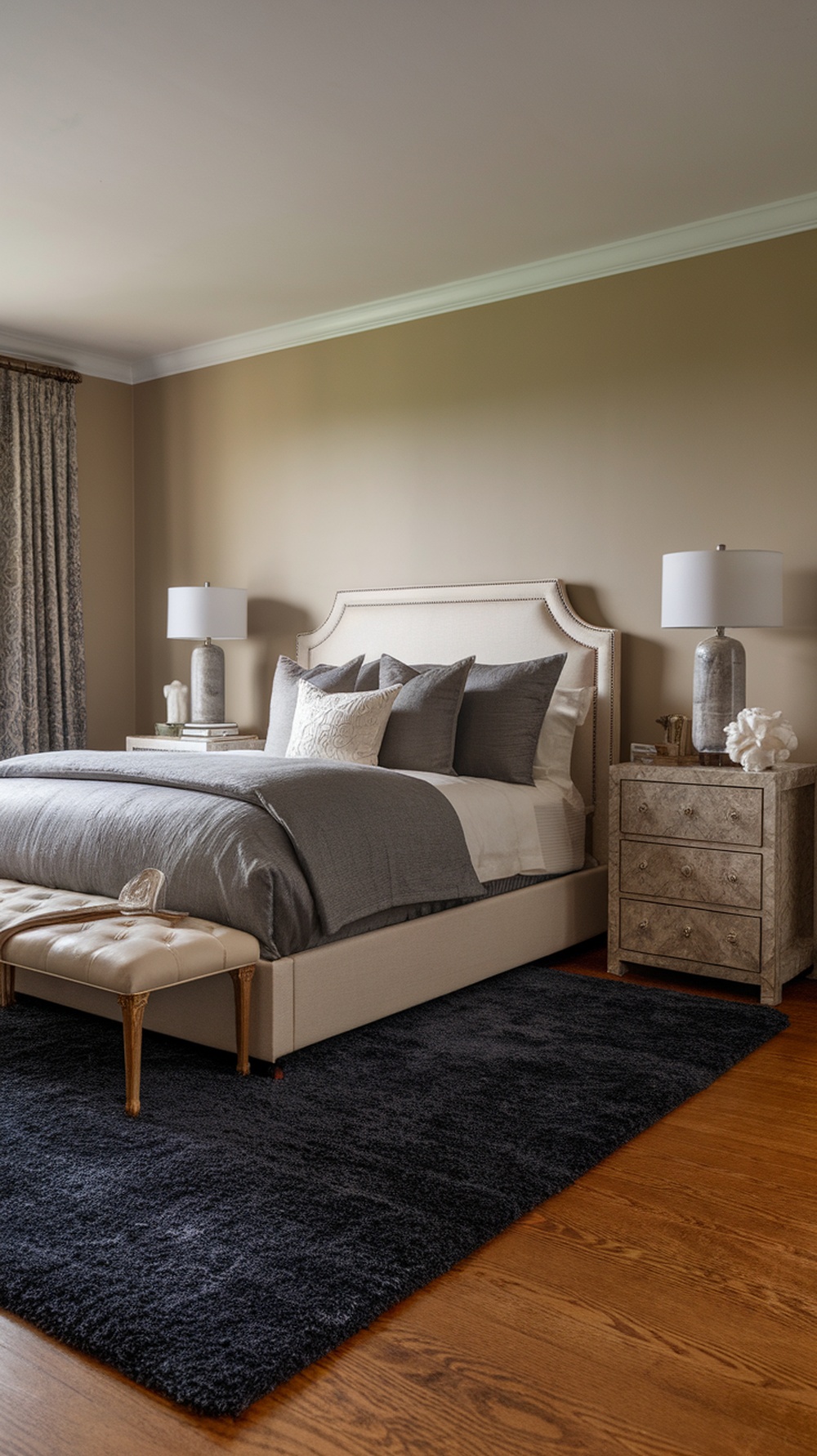 A cozy bedroom featuring a navy blue area rug, light wooden flooring, and neutral bedding.