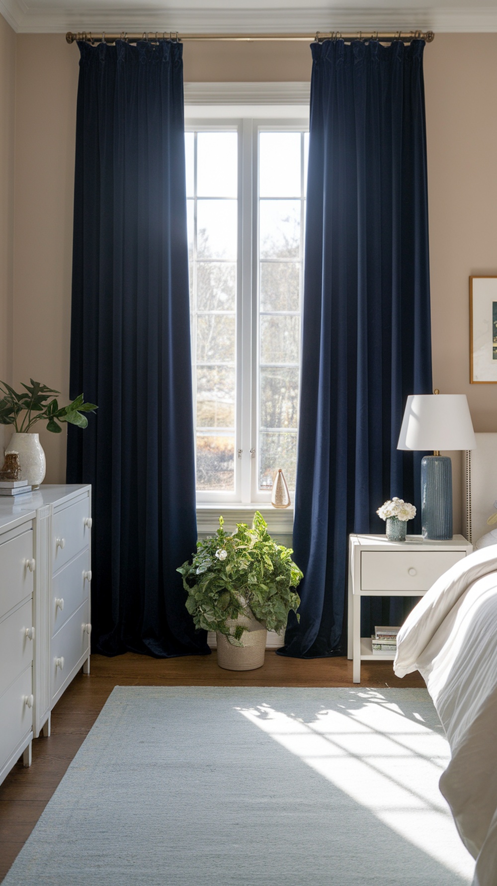 A cozy bedroom featuring navy blue curtains, a white dresser, and a potted plant.
