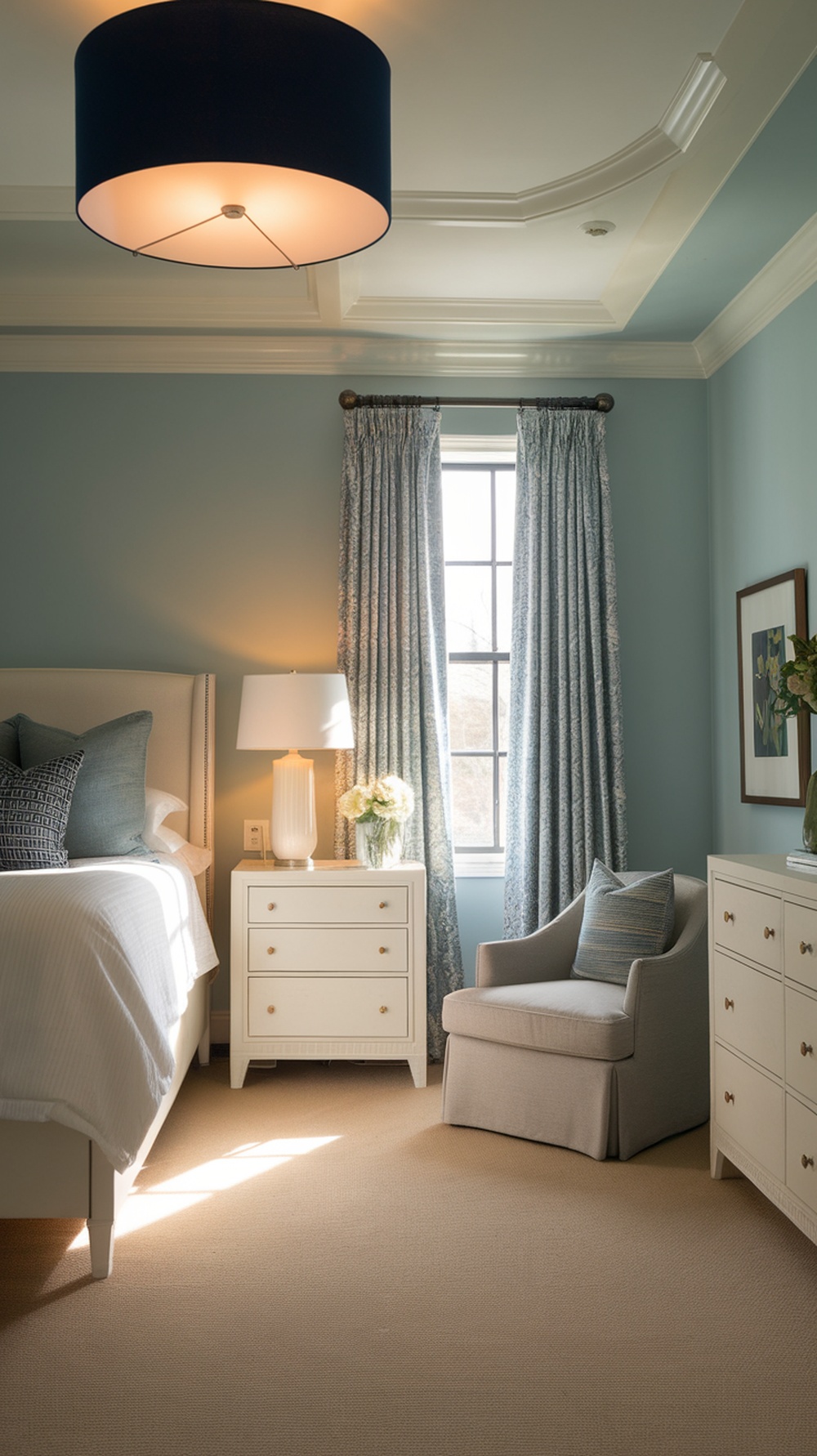 A cozy bedroom featuring a navy blue ceiling light, soft blue walls, and white furniture.