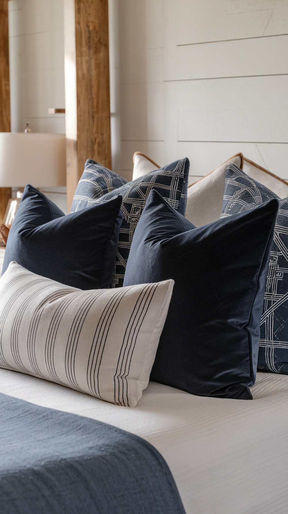 A collection of navy blue throw pillows on a bed, featuring various textures and patterns.