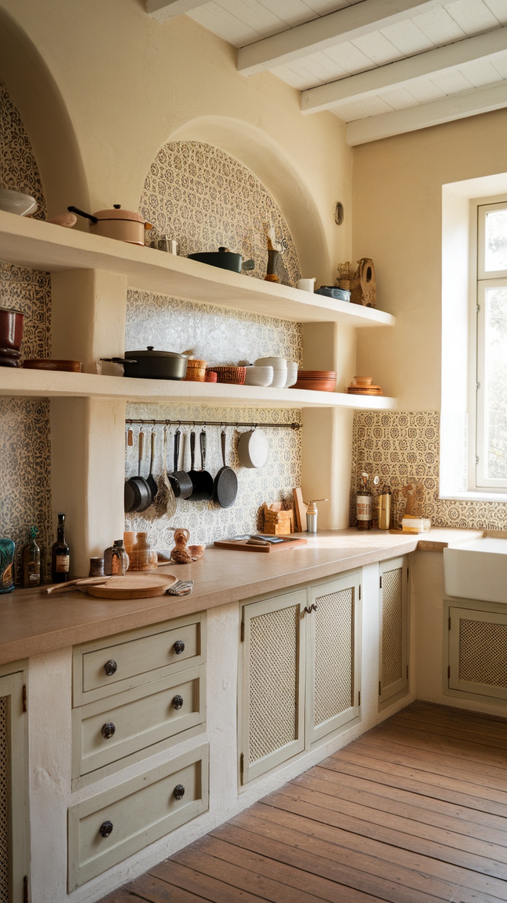A cozy kitchen featuring open shelving with various pots and dishes, complemented by a patterned backsplash.
