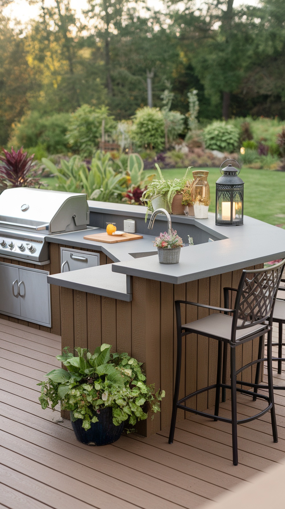 An outdoor kitchen setup featuring a stainless steel grill, a sink, and seating, surrounded by plants and greenery.