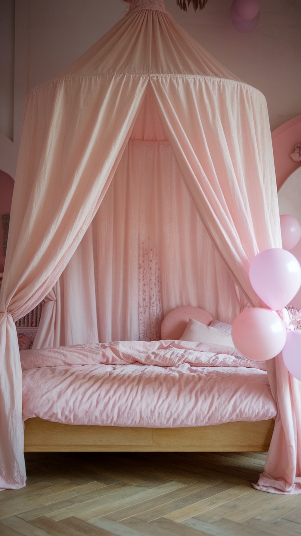 A pastel pink canopy bed with soft fabric draping, surrounded by pink balloons and cozy cushions.