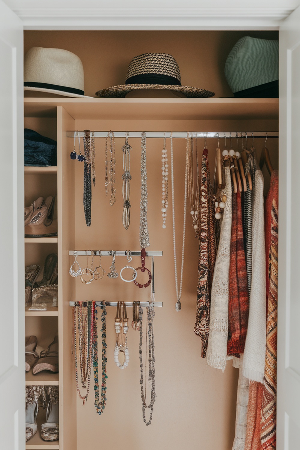 A well-organized closet displaying hats, necklaces, and shoes.