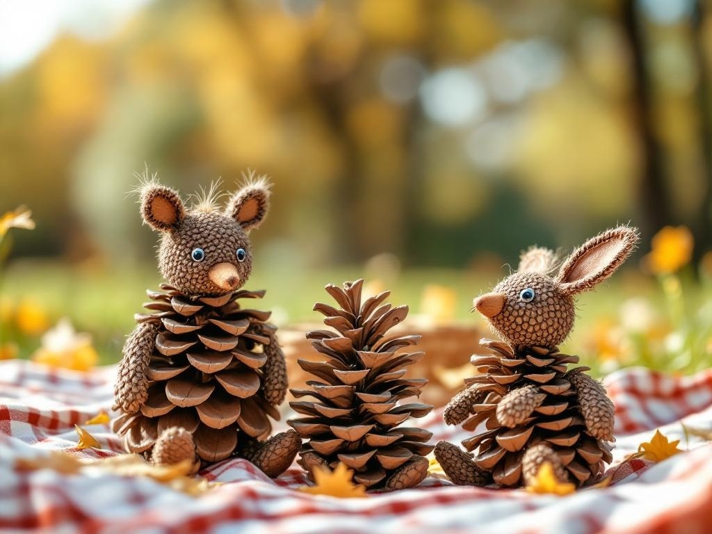 Two pinecone animals, a bear and a rabbit, sitting on a picnic blanket surrounded by flowers.