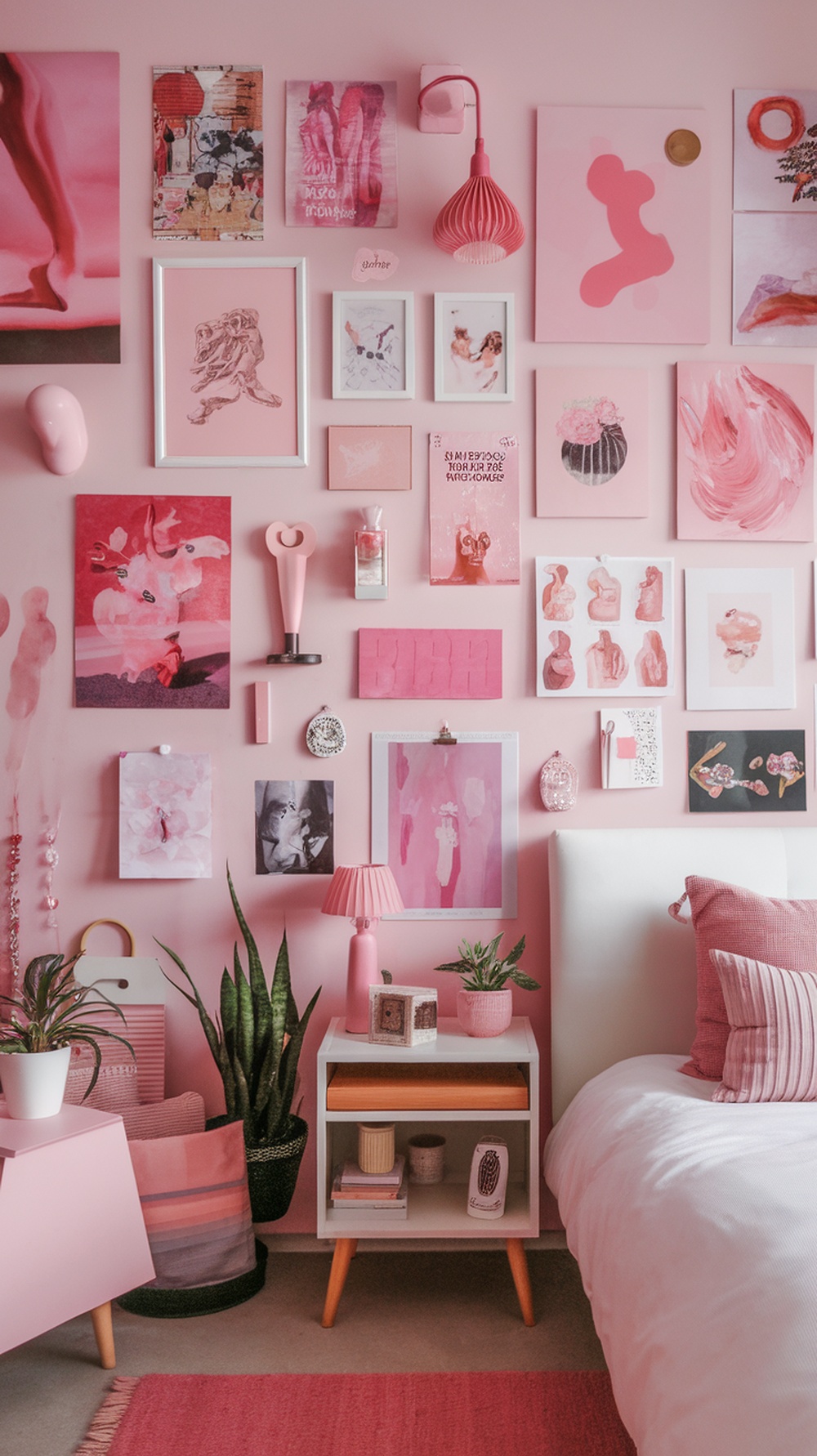A vibrant pink-themed gallery wall featuring various art pieces, photographs, and decorative items in shades of pink.