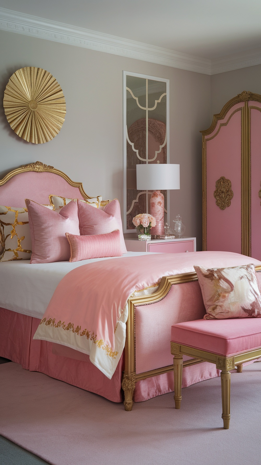 A luxurious pink bedroom featuring gold accents, plush bedding, and elegant decor.