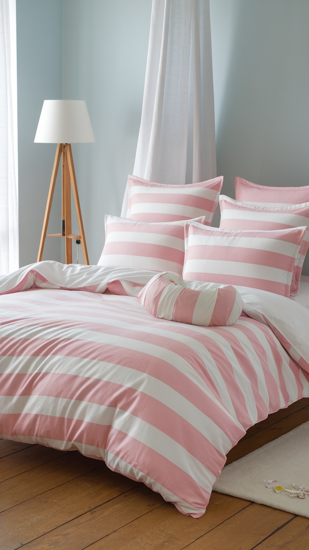 A cozy bedroom featuring pink and white striped bedding with matching pillows and a light wood floor.