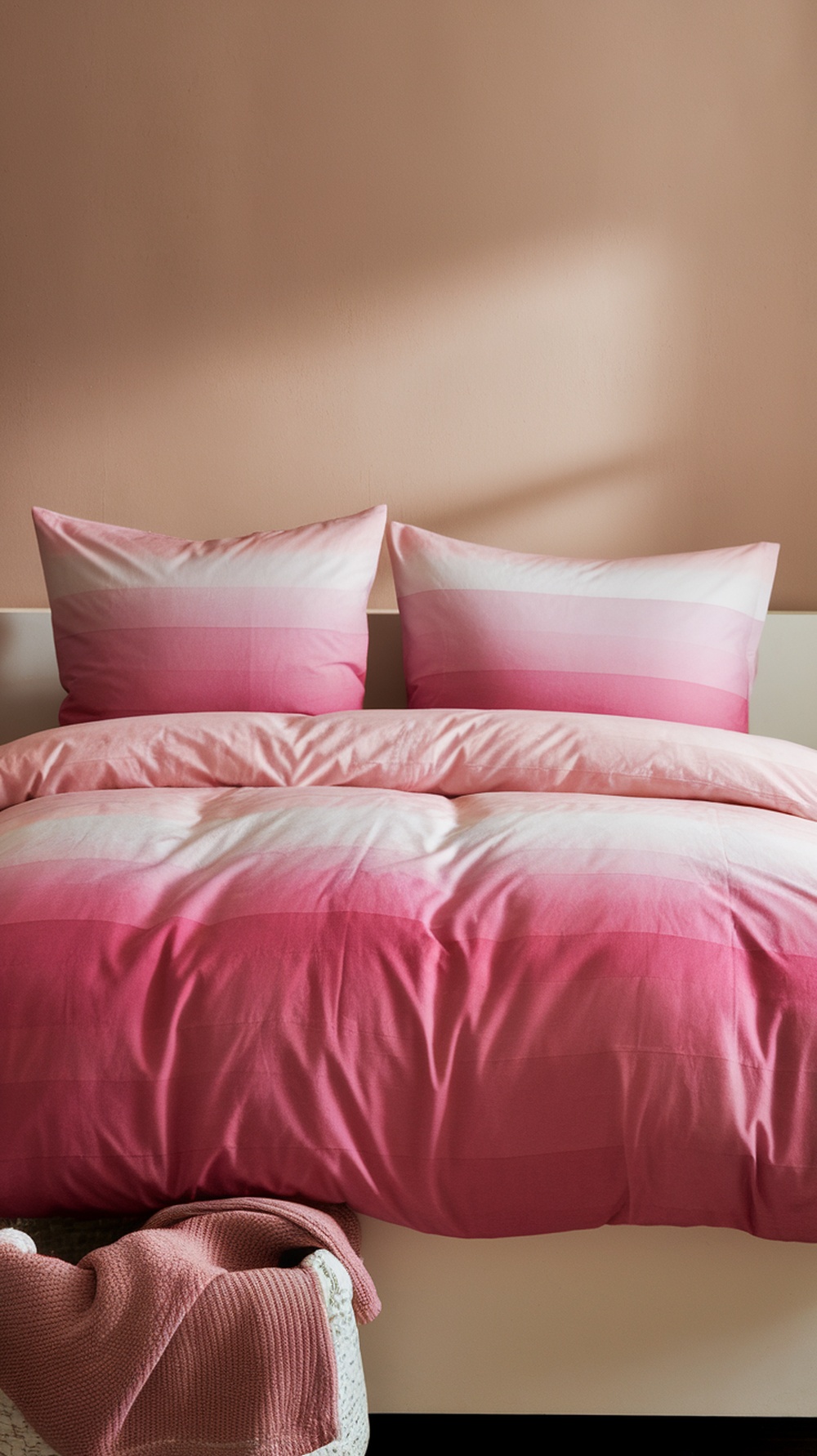 A cozy bed with pink ombre bedding, featuring a gradient of pink shades, complemented by a soft pink throw.