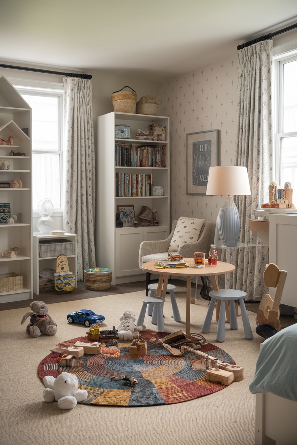A cozy kids' bedroom featuring a play area with a colorful rug, a small table, and organized shelves.