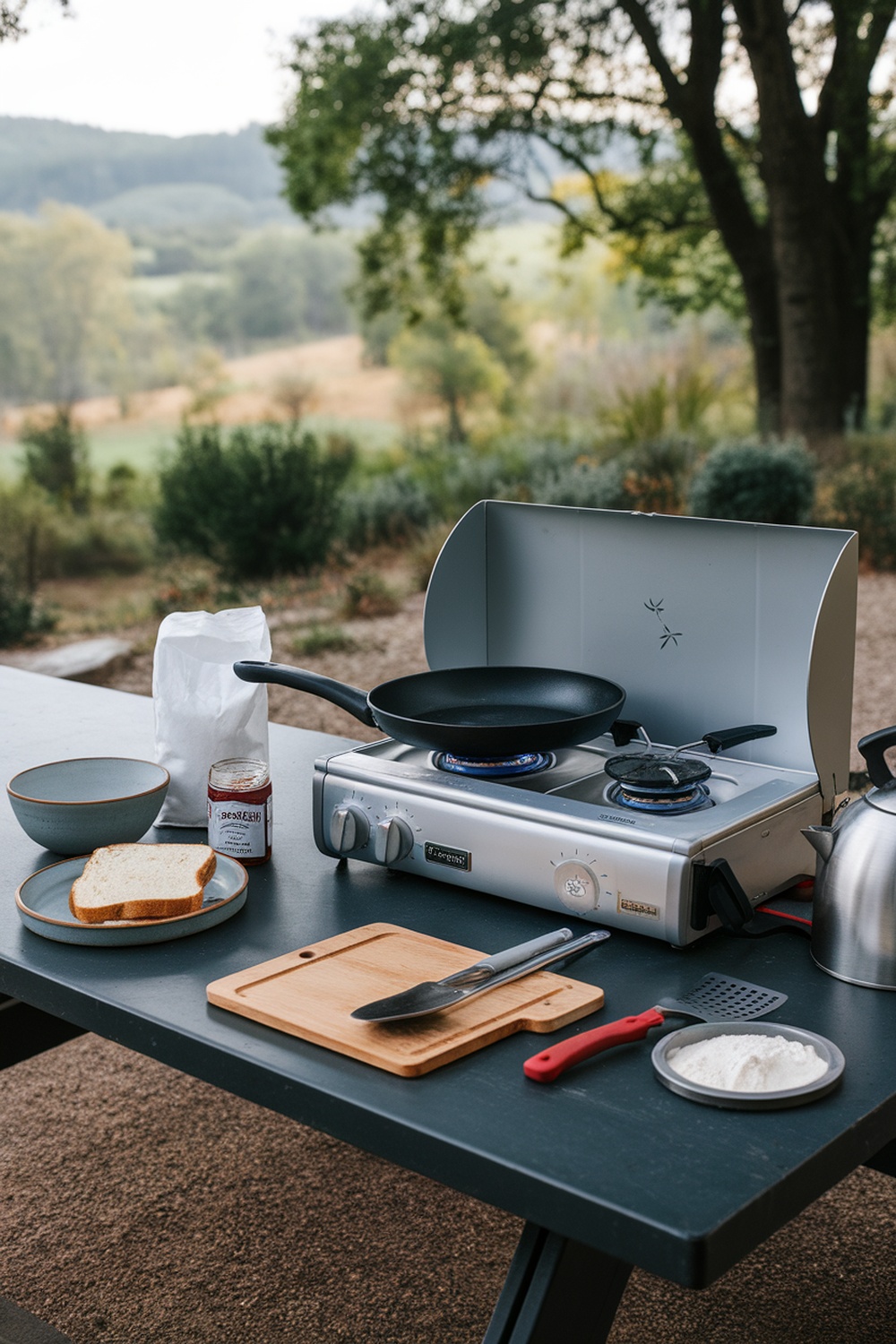 A portable camping stove setup with a frying pan, ingredients, and utensils on a table in a natural outdoor setting.