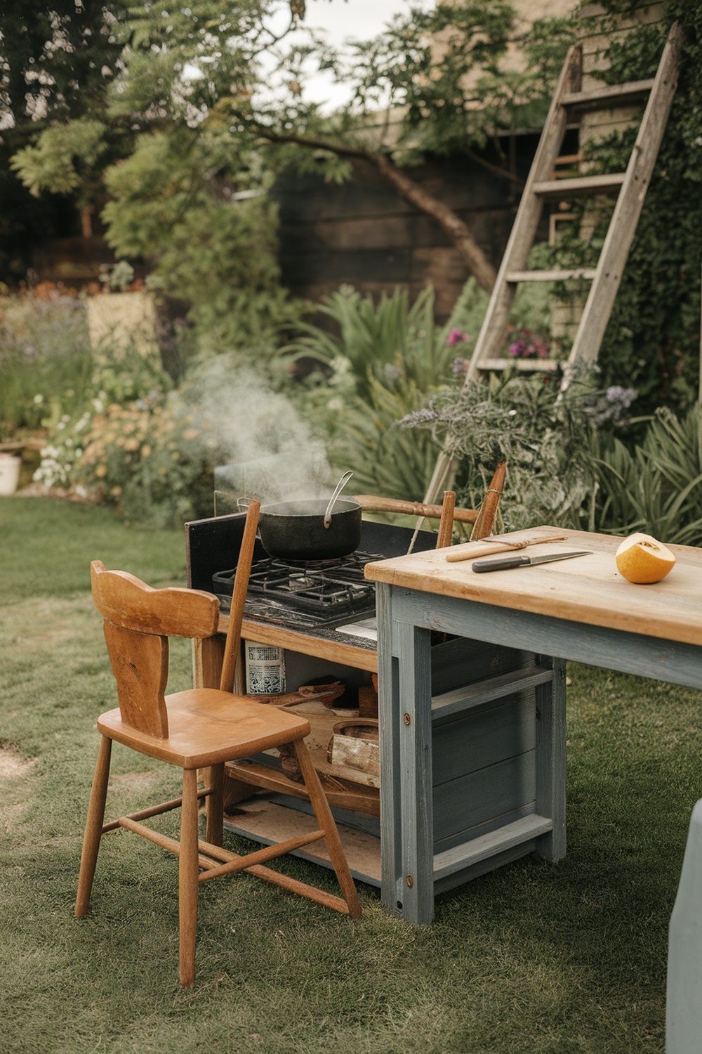 A rustic outdoor cooking area with a wooden table, a stovetop, and a pot on the burner, surrounded by greenery.