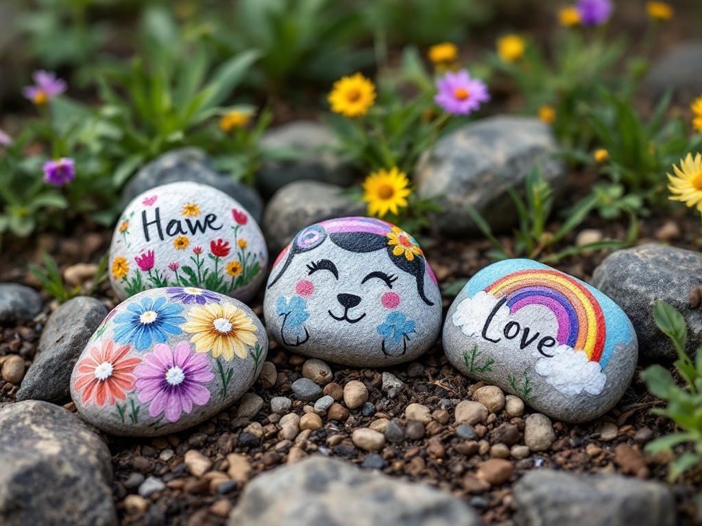 Colorful painted rocks with flowers and cheerful designs in a garden setting.