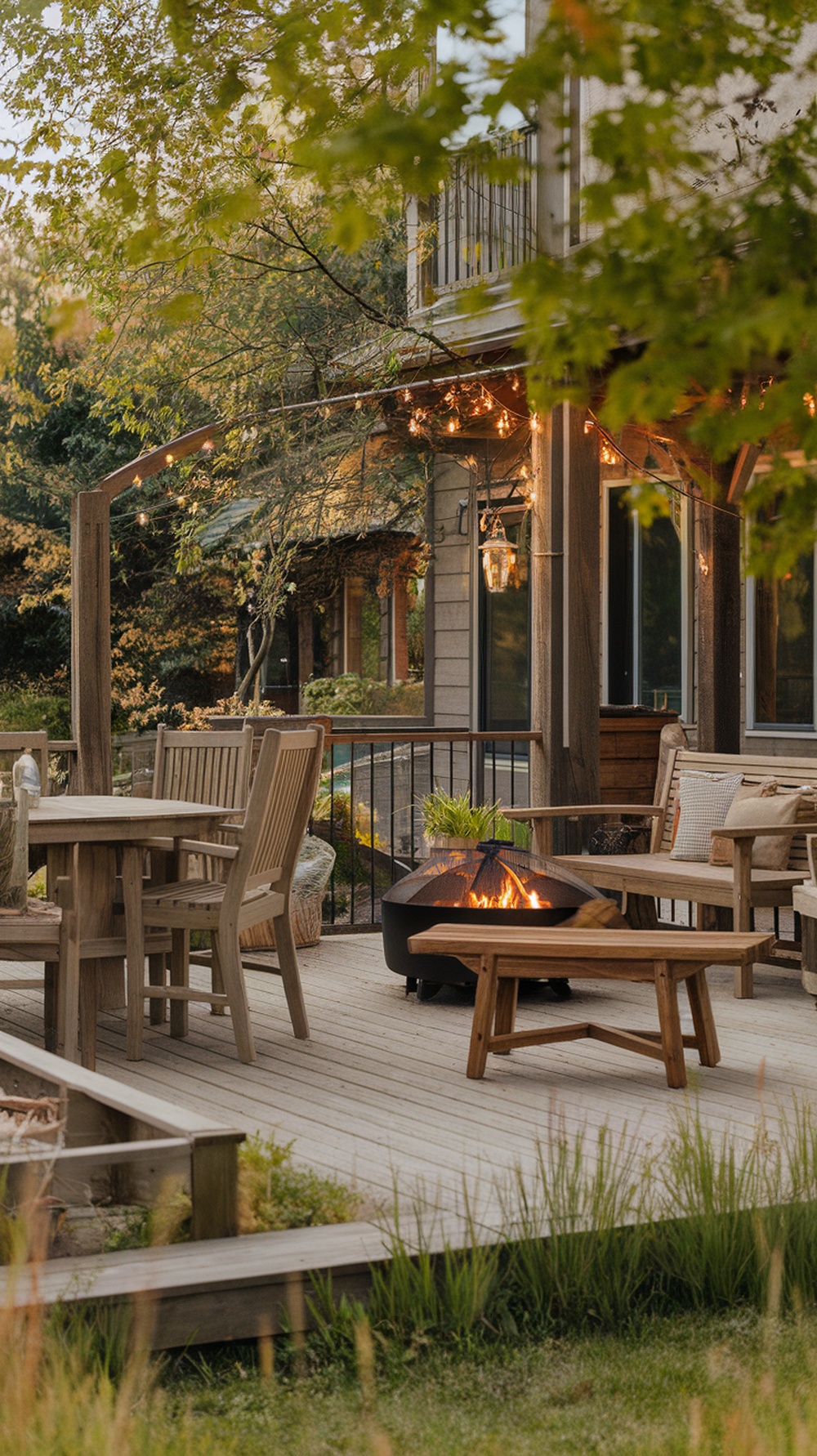 A rustic deck with wooden furniture, a fire pit, and string lights, surrounded by greenery.