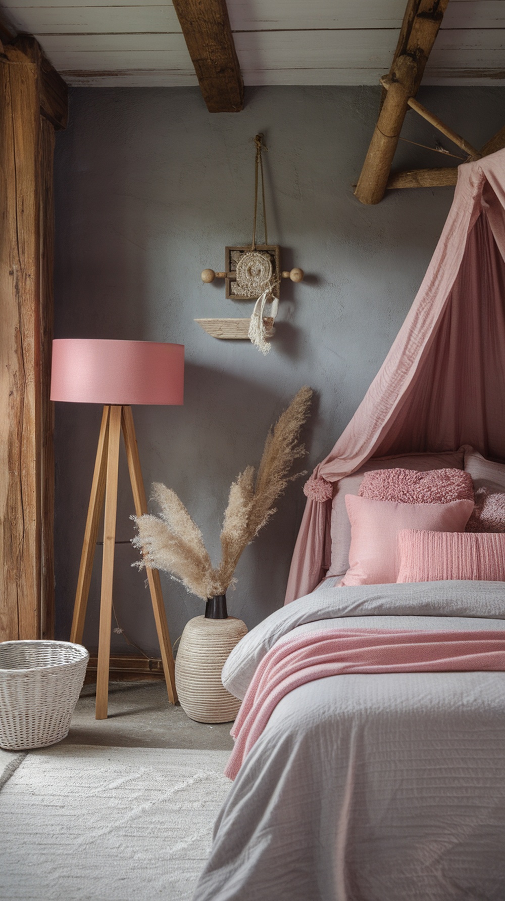 A rustic bedroom featuring a pink and gray color scheme with wooden beams, a pink lamp, and decorative pillows.