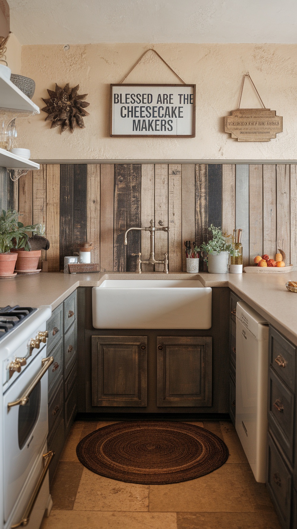 A cozy kitchen featuring rustic wood panels, a farmhouse sink, and decorative elements.