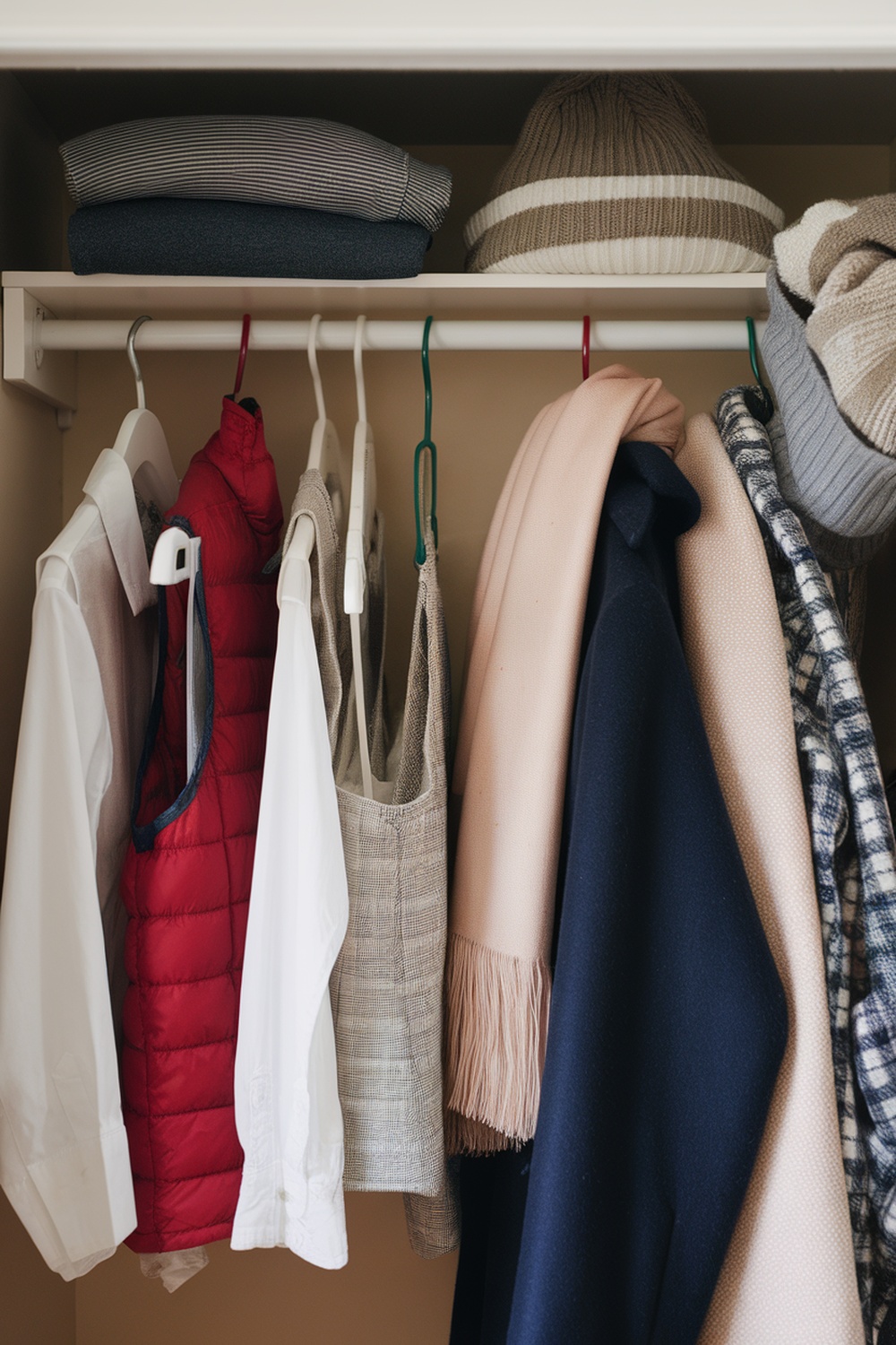 An organized open closet featuring seasonal clothing items, including a red vest, shirts, and accessories.