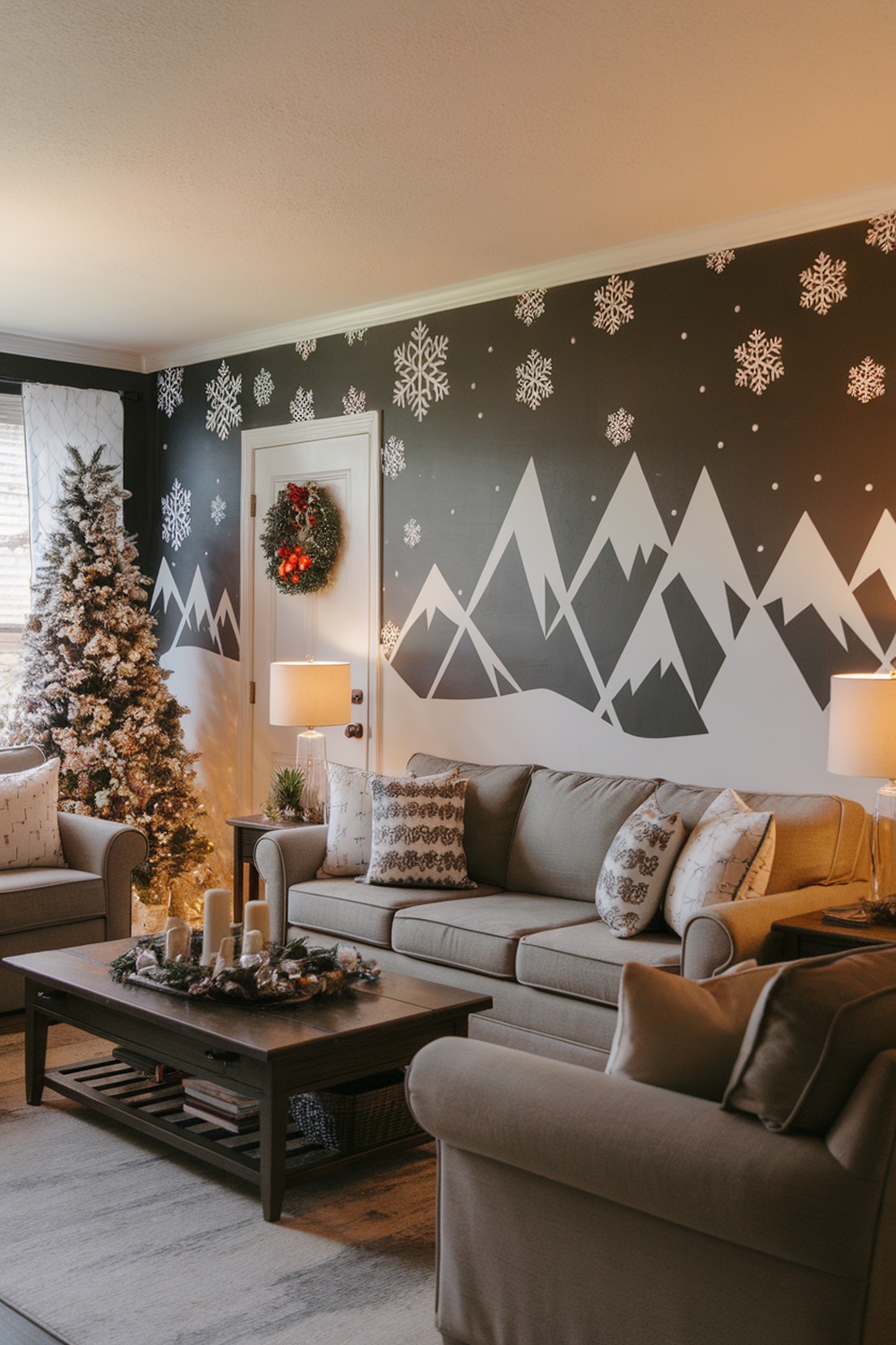 Cozy living room with winter-themed wall painting featuring snowy mountains and snowflakes.