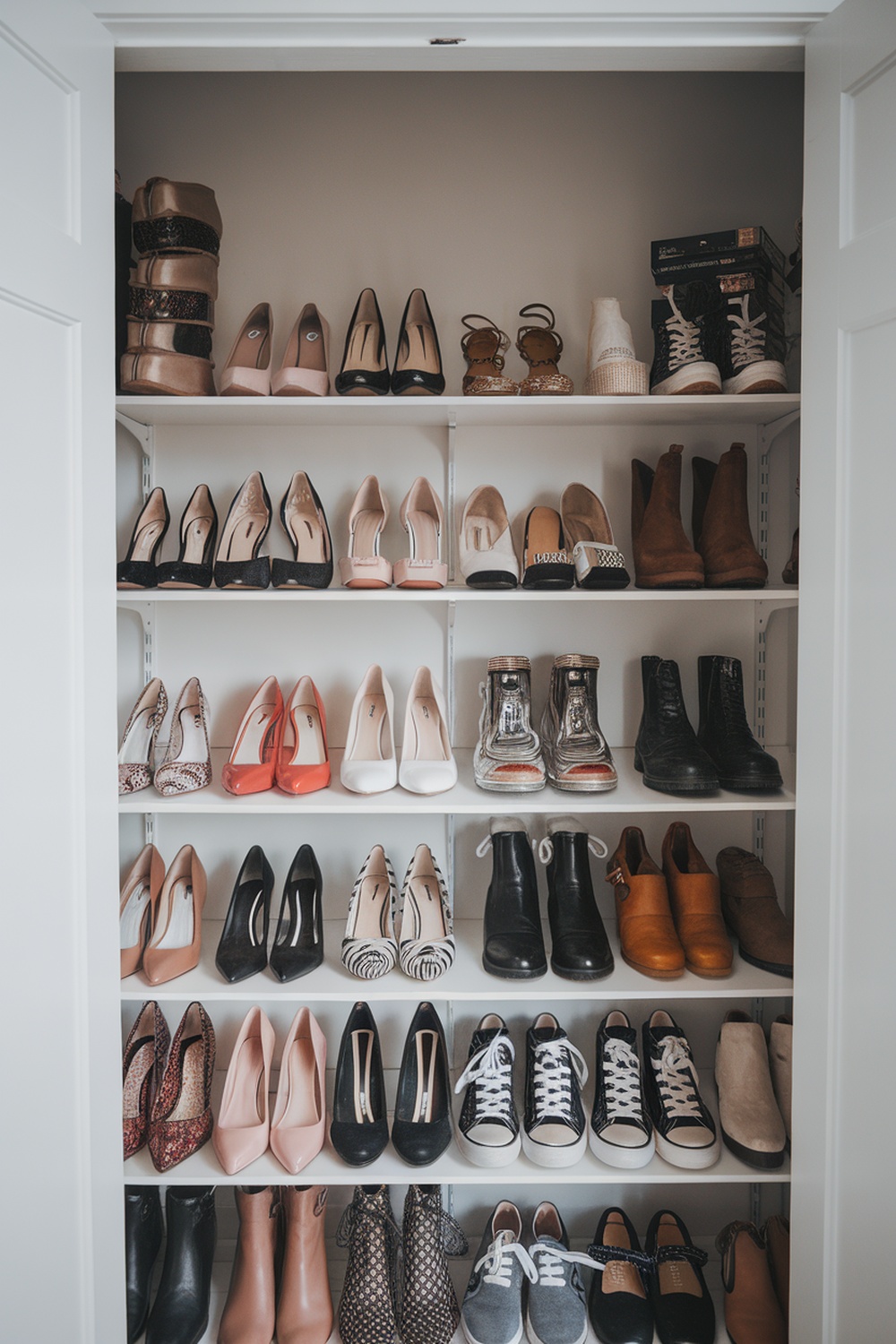 An organized open closet showcasing various pairs of shoes on shelves, with accessories hanging above.
