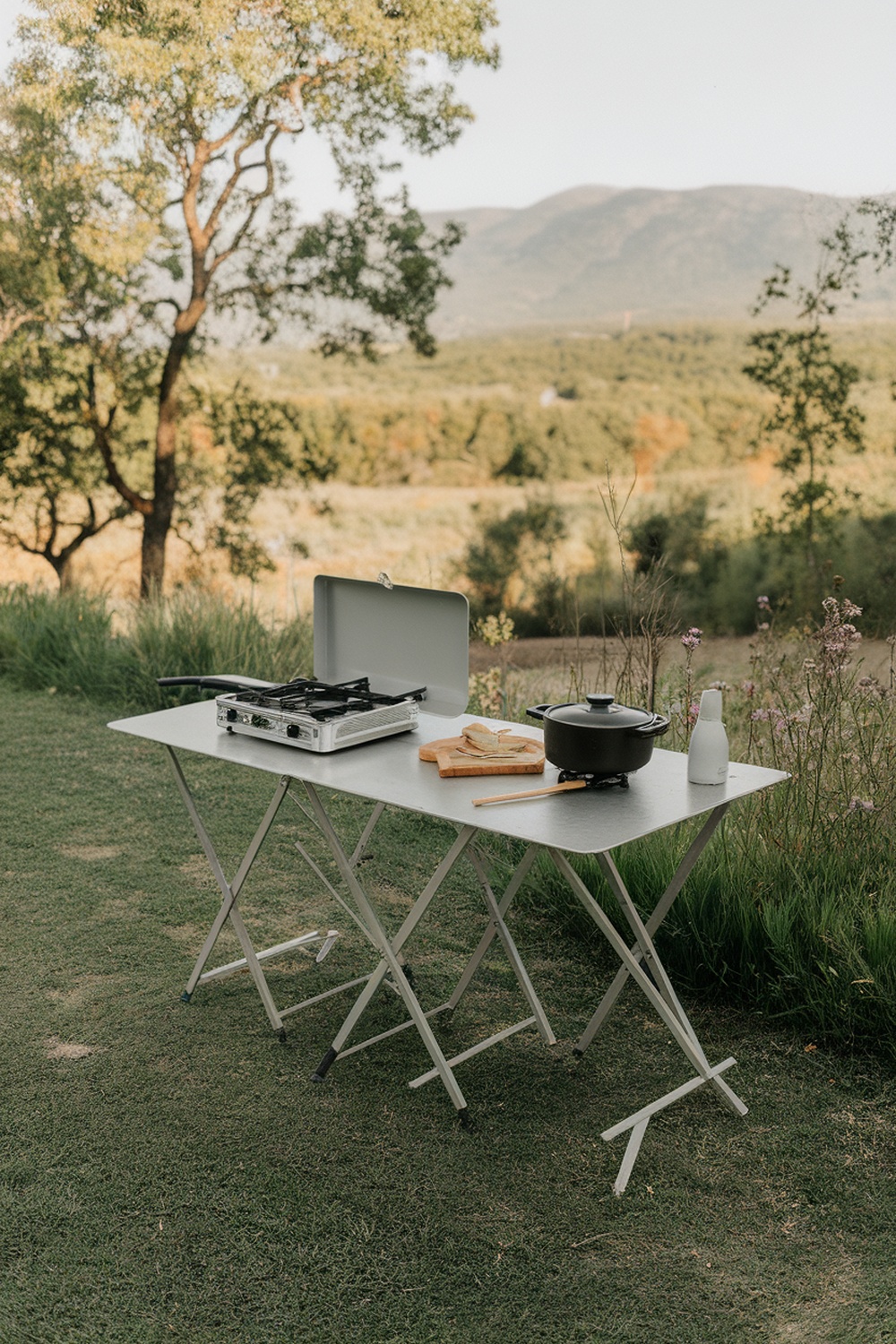 A simple folding table setup for outdoor cooking with a gas stove, pot, and cutting board in a scenic environment.