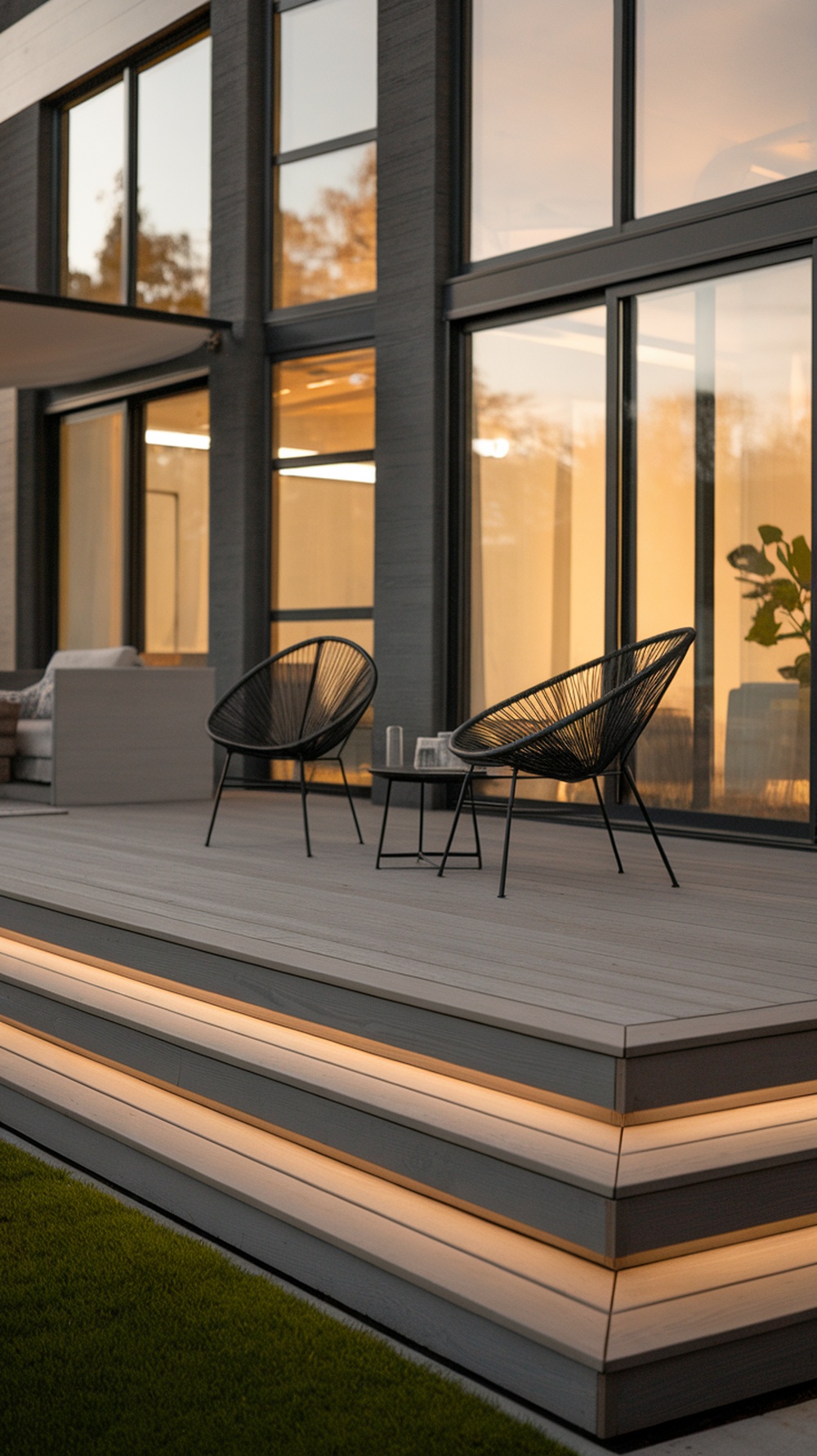 Modern deck design featuring integrated lighting and stylish outdoor furniture.