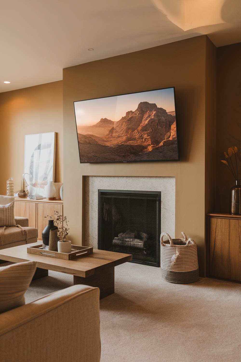 A modern living room with a TV mounted above a fireplace, featuring warm tones and stylish decor.