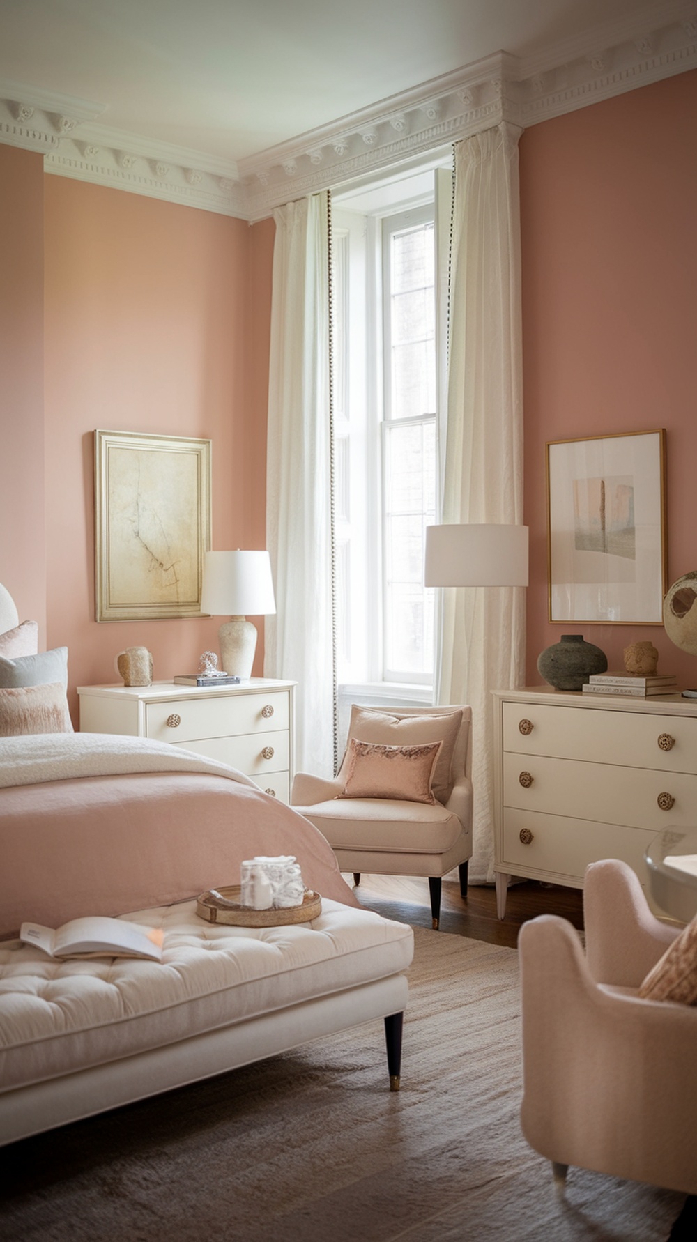 A cozy bedroom with soft blush walls and white furniture, featuring elegant decor and warm lighting.